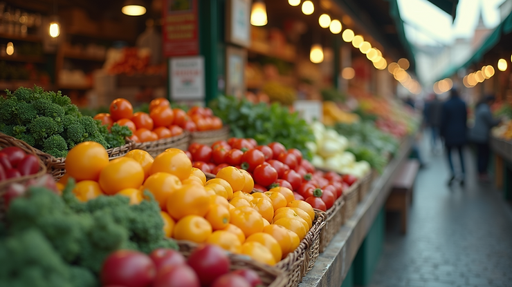 High angle view of a French market stall with fresh produce