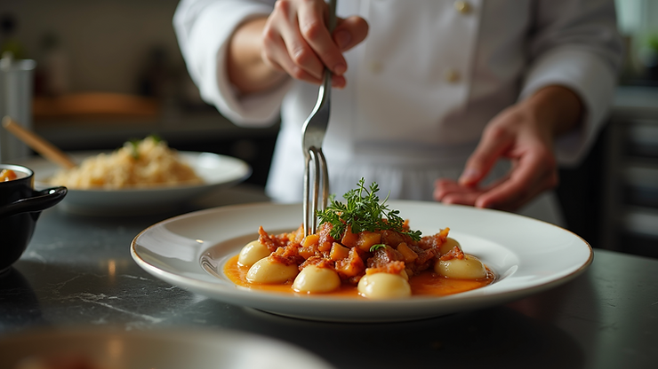 Close-up view of a French chef preparing traditional cuisine