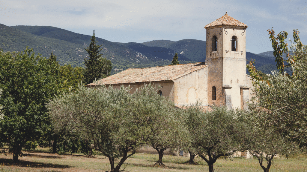 A picturesque Provençal church nestled among ancient olive trees with the rolling hills of the Luberon in the background. This peaceful rural landscape captures the essence of Provence, where centuries-old villages, olive groves, vineyards and Mediterranean scenery create one of France's most beautiful regions. Guests on A Taste of Provence experience these authentic landscapes through immersive touring, local gastronomy and leisurely exploration.